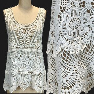 Crochet lace ruffle tank top cotton sleeveless long tunic boho hippie festival